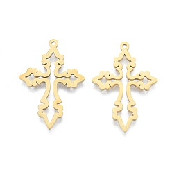Real 18K Gold Plated Ion Plating(IP) 201 Stainless Steel Pendant,  Hollow Charms, Cross, Real 18K Gold Plated, 33x23x1.5mm, Hole: 1.4mm