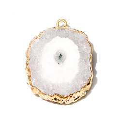 White Natural Druzy Agate Dyed Pendants, Golden Edged Flower Slice Charms, White, 15~30mm