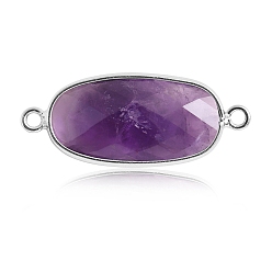 Amethyst Natural Amethyst Connector Charms, with Silver Tone Brass Edge, Faceted, Oval Links, 22x12mm