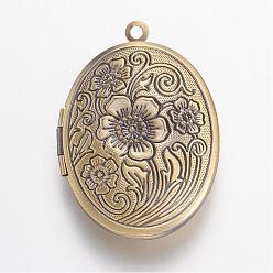 Brushed Antique Bronze Brass Locket Pendants, Oval with Flower, Brushed Antique Bronze, 33x23.5x7mm, Hole: 1.5mm