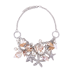Platinum Bib Statement Necklaces, with Natural Conch Shell, Starfish, Platinum, 16.5 inch(42cm), 1pc/box