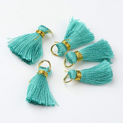 Medium Turquoise Nylon Tassel Pendant Decoration, with Brass Findings, Golden, Medium Turquoise, 23~27x5mm, Hole: 4mm