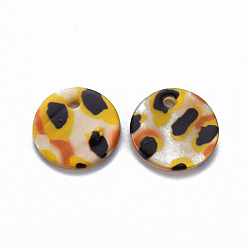Gold Printed Freshwater Shell Charms, Flat Round with Leopard Pattern, Gold, 12.5x1~2.5mm, Hole: 1.4~1.6mm