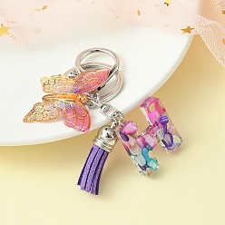 Letter H Resin Letter & Acrylic Butterfly Charms Keychain, Tassel Pendant Keychain with Alloy Keychain Clasp, Letter H, 9cm