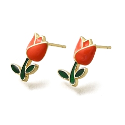 Оранжевый Серьги-гвоздики с цветком из латуни и эмали, стойки покрытие, долговечный, без кадмия и без свинца, реальный 18 k позолоченный, оранжевые, 15x9.5 мм