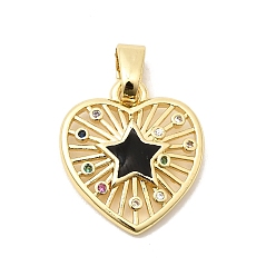 Черный Подвески из латуни с прозрачным фианитом, с эмалью, без свинца и без кадмия, долговечный, сердце со звездными подвесками, реальный 18 k позолоченный, чёрные, 19x16.5x3 мм, отверстие : 6x3 мм