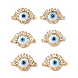 White Lampwork Evil Eye Connector Charms, with Clear Cubic Zirconia, Real 18K Gold Plated Brass Findings, White, 18x26x5mm, Hole: 1.4mm