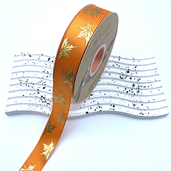 Orange 48 Yards Thanksgiving Day Polyester Satin Ribbons, Gold Stamping Maple Leaf, Orange, 1 inch(25mm), about 48.00 Yards(43.89m)/Roll