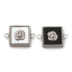 Stainless Steel Color 304 Stainless Steel Connector Charms, with Black Acrylic & Shell, Square Links with Rose, Stainless Steel Color, 10.5x15.5x3mm, Hole: 1.5mm