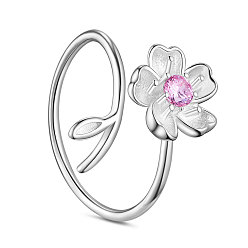 Platinum SHEGRACE Rhodium Plated 925 Sterling Silver Finger Ring, with Pink AAA Cubic Zirconia, Bud Flower and Leaves, Size 9, Platinum, 19mm