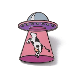 Pink Space Ship with Cow Alloy Enamel Pin Brooch, for Backpack Clothes, Pink, 30x23.5x2mm
