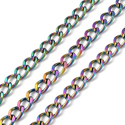 Rainbow Color Ion Plating(IP) 304 Stainless Steel Faceted Curb Chains, Unwelded, with Spool, Rainbow Color, 7x5x1mm, about 5m/Roll