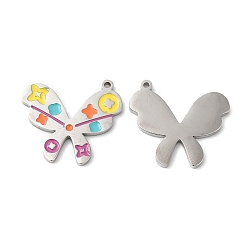 Stainless Steel Color 316L Surgical Stainless Steel Pendants, with Enamel, Butterfly Charm, Stainless Steel Color, 16x19x1.5mm, Hole: 1mm