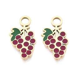 Purple 304 Stainless Steel Enamel Pendants, Grape Charms, Ion Plating(IP), Long-Lasting Plated, Golden, Purple, 17x9.5x1mm, Hole: 2.5mm