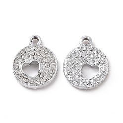 Crystal Alloy Rhinestone Pendants,  Platinum Tone Flat Round with Hollow Out Heart Charms, Crystal, 18x14x3mm, Hole: 2mm
