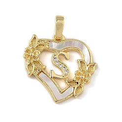 Letter S Латунь микропаве фианиты с подвесками-ракушками, Сердце и письмо, долговечный, без свинца и без кадмия, стойки покрытие, Письмо с, 20x20.5x3 мм, отверстие : 3.5x5 мм
