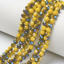 Gold Electroplate Opaque Solid Color Glass Beads Strands, Half Plated, Blue Plated, Faceted, Rondelle, Gold, 4x3mm, Hole: 0.4mm, about 123~127pcs/strand, 16.5~16.9 inch(42~43cm)