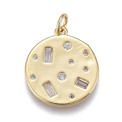 Real 18K Gold Plated Brass Micro Pave Clear Cubic Zirconia Pendants, Long-Lasting Plated, with Jump Rings, Flat Round, Real 18K Gold Plated, 19x17x2mm, Hole: 3mm, Jump Rings: 5x1mm, Inner Diameter: 3mm