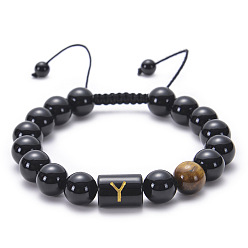 Y Natural Black Agate Beaded Bracelet Adjustable Women's Handmade Alphabet Stone Strand Jewelry