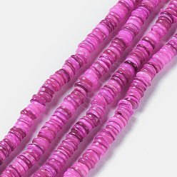 Orchid Natural Freshwater Shell Beads Strands, Dyed, Heishi Beads, Flat Round/Disc, Orchid, 8~8.5x1~3mm, Hole: 1mm, about 182~200pcs/strand, 15.39 inch(39.1cm)