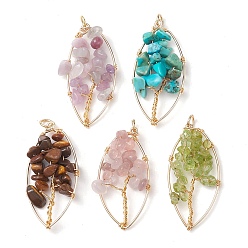 Mixed Stone Natural Mixed Gemstone Chip Pendants, Golden Plated Brass Leaf Charms, 35~37x17~19x4.5~6.5mm, Hole: 3.3mm