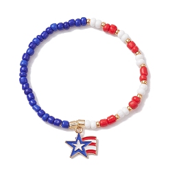 Colorful Glass Seed Beaded Stretch Bracelet, Independence Day Bracelet with Alloy Enamel Star Charms, Colorful, Inner Diameter: 2 inch(5.2cm)
