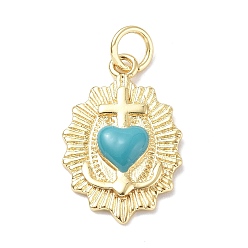 Deep Sky Blue Eco-Friendly Rack Plating Brass Enamel Pendants, Real 18K Gold Plated, with Jump Ring, Sacred Heart of Jesus Charm, Deep Sky Blue, 19.5x13x3mm, Jump Ring: 5x0.8mm, 3.4mm Inner Diameter
