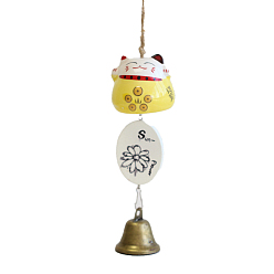 Yellow Fortune Lucky Cat Porcelain Wind Chines, Outdoor, Home Hanging Decorations with Iron Bell and Sunflower Pattern Charms, Yellow, 280~310mm
