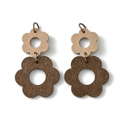 Coconut Brown Double Flower Poplar Wood Pendants, with Iron Jump Ring, Coconut Brown, 47x29.5x2mm, Hole: 5mm