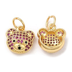 Medium Violet Red Brass Pendants, with Cubic Zirconia, Lead Free & Cadmium Free, Bear Charms, Real 18K Gold Plated, Medium Violet Red, 12.5x12x5mm, Hole: 4mm