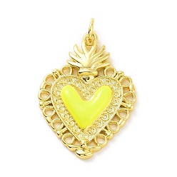Yellow Rack Plating Brass Enamel Pendants, with Jump Ring, Long-Lasting Plated, Real 18K Gold Plated, Cadmium Free & Lead Free, Sacred Heart Charm, Yellow, 28x20x3mm, Jump Ring: 5x0.8mm, Inner Diameter: 3mm
