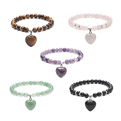 Mixed Stone Natural & Synthetic Gemstone Beads Stretch Bracelets, Heart Charms Bracelets for Women, Inner Diameter: 2-1/8 inch(5.3cm)