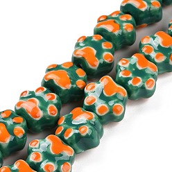 Bleu Vert Chapelets de perles en porcelaine manuels, empreintes de pattes de chat, sarcelle, 13.5x15x10mm, Trou: 1.5mm, Environ 25 pcs/chapelet, 12.99'' (33 cm)