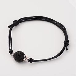Lava Rock Adjustable Natural Lava Rock and Waxed Cotton Cord Bracelets, with Tibetan Style Alloy Bead Caps, 42~75mm