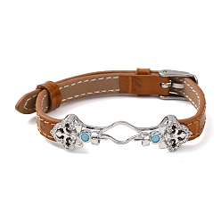 Перу Регулируемый браслет из коровьей кожи для изготовления бусин, с фурнитурой в виде цветов из латуни, инкрустированной микрофиброй и синтетическим бирюзовым камнем, и застежками из нержавеющей стали., цвет нержавеющей стали, Перу, пригодный для 304 мм бусы, 11 дюйм (9.61 см)