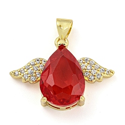 Red Rack Plating Brass Micro Pave Clear Cubic Zirconia Pendants, with Glass, Long-Lasting Plated, Cadmium Free & Lead Free, Teardrop with Wing Charms, Red, 17x23.5x7mm, Hole: 4.5x3.5mm