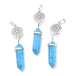 Synthetic Turquoise Synthetic Turquoise Pointed Big Pendants, with Platinum Plated Brass Findings, Faceted, Bullet & Flower of Life, 59~67x14~15mm, Hole: 7x5mm