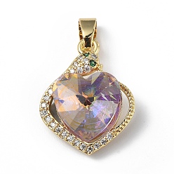 Plum Real 18K Gold Plated Rack Plating Brass Micro Pave Clear Cubic Zirconia Pendants, with Glass, Long-Lasting Plated, Cadmium Free & Lead Free, Heart Charm, Plum, 21.5x17x8mm, Hole: 5x3.2mm