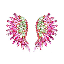 Rose Sparkling Rhinestone Wings Stud Earrings, Golden Alloy Jewelry for Women, Rose, 55x29mm
