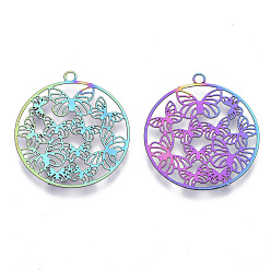 Rainbow Color Ion Plating(IP) 201 Stainless Steel Filigree Pendants, Etched Metal Embellishments, Ring with Butterfly, Rainbow Color, 22.5x20.5x0.4mm, Hole: 1.5mm