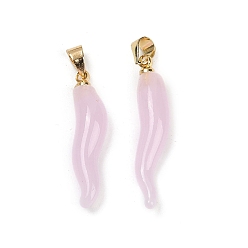 Pearl Pink Handmade Lampwork with Brass Pendants, Horn of Plenty Charms, Pearl Pink, 26.5x6.5x6.5mm, Hole: 5x3.5mm