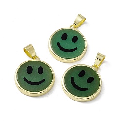 Green Aventurine Natural Green Aventurine Pendants, Flat Round with Smiling Face Charms, with Rack Plating Golden Tone Brass Findings, Cadmium Free & Lead Free, 21x18.5x3mm, Hole: 4x6mm
