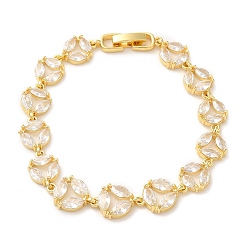 Real 18K Gold Plated Clear Cubic Zirconia Flat Round Link Chain Bracelet, Brass Bracelet, Lead Free & Cadmium Free, Real 18K Gold Plated, 7-1/8 inch(18cm)