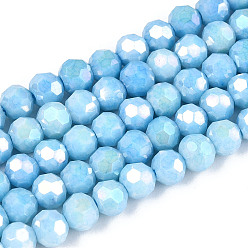 Светло-Голубой Антикоррозийные гальванические стеклянные бусины, имитация драгоценных камней, круглые, с покрытием AB цвета, граненый(32 граненый), Небесно-голубой, 4~4.5x3.9 мм, отверстие : 0.8 мм, около 99~100 шт / нитка, 14.76~15.75'' (37.5~38 см)