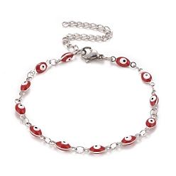Red Enamel Horse Eye Link Chains Bracelet, 304 Stainless Steel Jewelry for Women, Stainless Steel Color, Red, 6-3/4 inch(17.1cm)