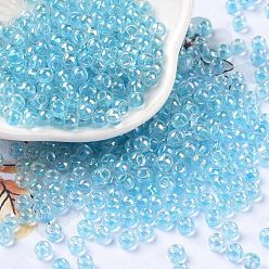 Light Sky Blue 6/0 Glass Seed Beads, Inside Colours, Round, Transparent Colours Rainbow, Light Sky Blue, 4x3mm, Hole: 1.2mm, about 6925pcs/pound