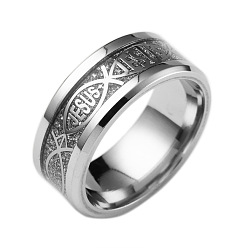 Gray Stainless Steel Jesus Fish with Word Finger Ring, Easter Theme Jewelry for Women, Gray, US Size 7(17.3mm)