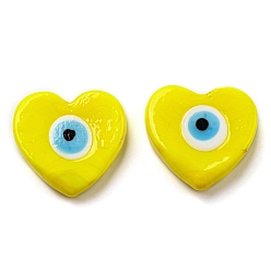 Yellow Handmade Evil Eye Lampwork Beads, No Hole/Undrilled, Heart, Yellow, 28~29x30x6~6.5mm