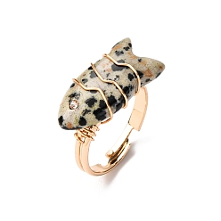 Далматинских Джаспер Кольца из натуральной далматинской яшмы, рыба, с латунной фурнитурой со стразами, золотые, рыбы: 23x12 mm, размер США 7 1/4 (17.5 мм)