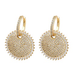 Плоский Круглый Латунные серьги-кольца из прозрачного кубического циркония, долговечный, стойки покрытие, реальный 18 k позолоченный, плоско-круглые, 35x24 мм